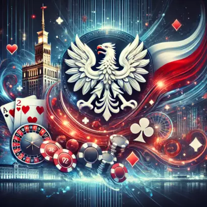 Żetony kasynowe i karty na tle polskiej flagi
